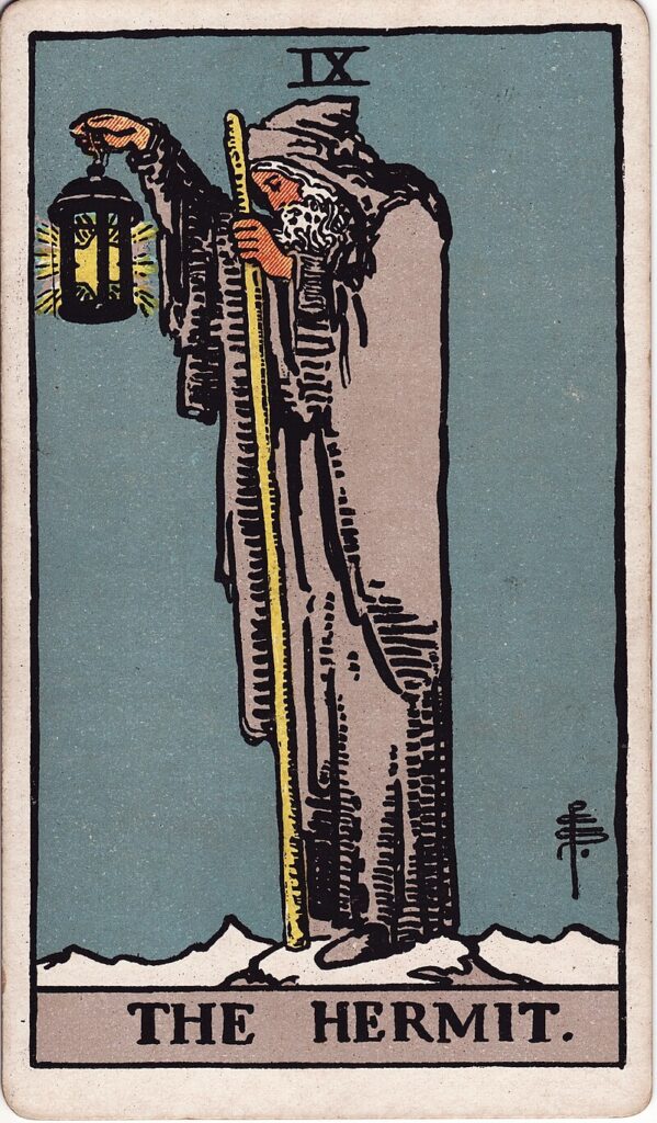 The Hermit (IX) from the Rider–Waite tarot deck illustrated by Pamela Colman Smith