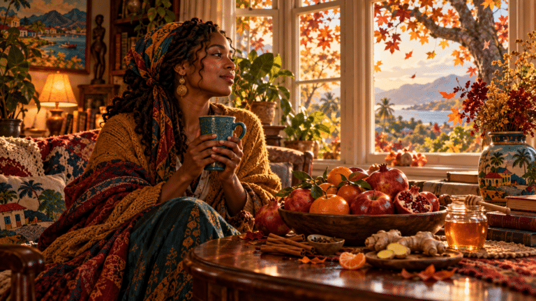 Dark-skinned Haitian woman holding a tall teal tea cup beside a mahogany table filled with apples, tangerines, pomegranates, cinnamon, ginger, and honey, with autumn leaves and a Caribbean landscape beyond the window.