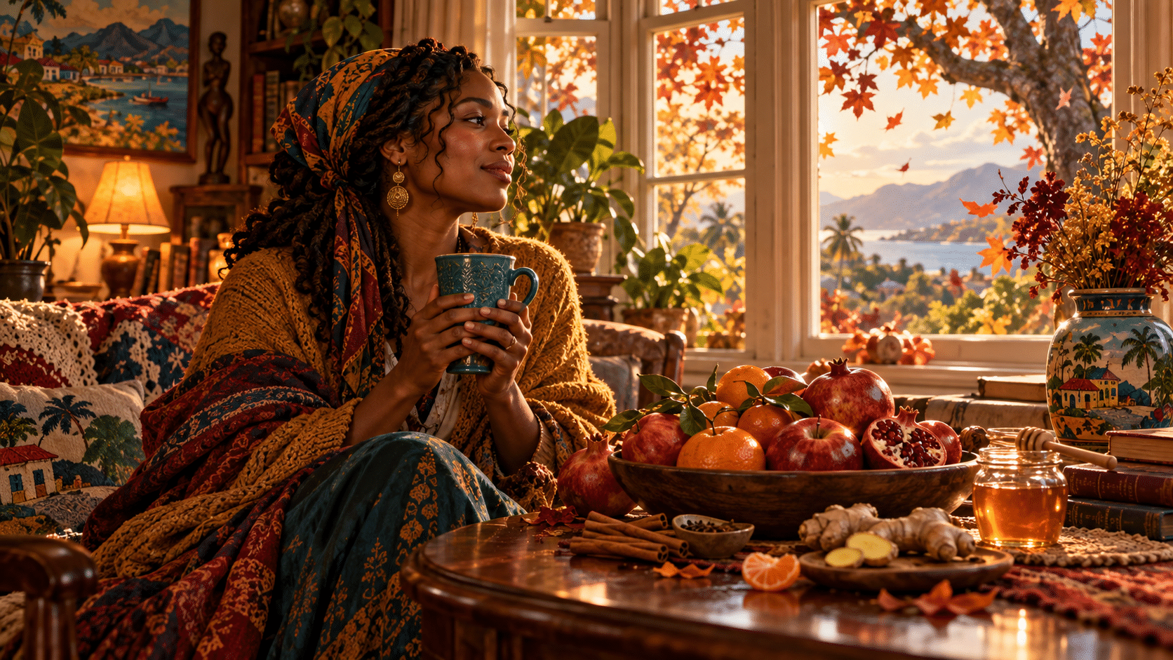 Dark-skinned Haitian woman holding a tall teal tea cup beside a mahogany table filled with apples, tangerines, pomegranates, cinnamon, ginger, and honey, with autumn leaves and a Caribbean landscape beyond the window.