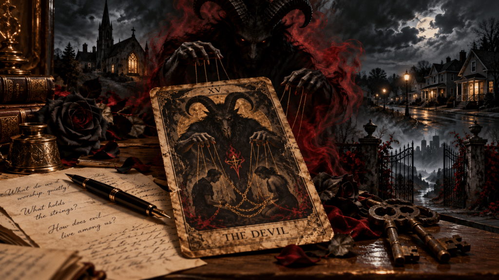 A dark, gothic illustration featuring The Devil tarot card from the Major Arcana, with a horned demonic figure manipulating human figures