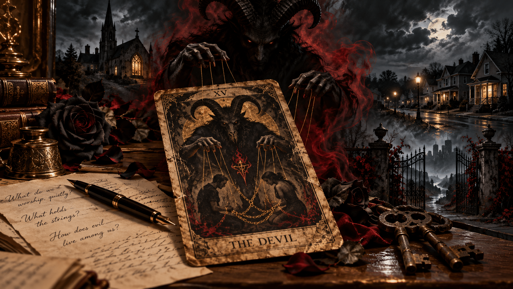 A dark, gothic illustration featuring The Devil tarot card from the Major Arcana, with a horned demonic figure manipulating human figures